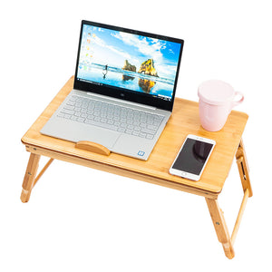 Laptop Desk Table Adjustable 100% Bamboo Foldable Breakfast Serving Bed Tray w' Tilting Top Drawer