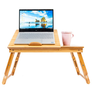 Laptop Desk Table Adjustable 100% Bamboo Foldable Breakfast Serving Bed Tray w' Tilting Top Drawer