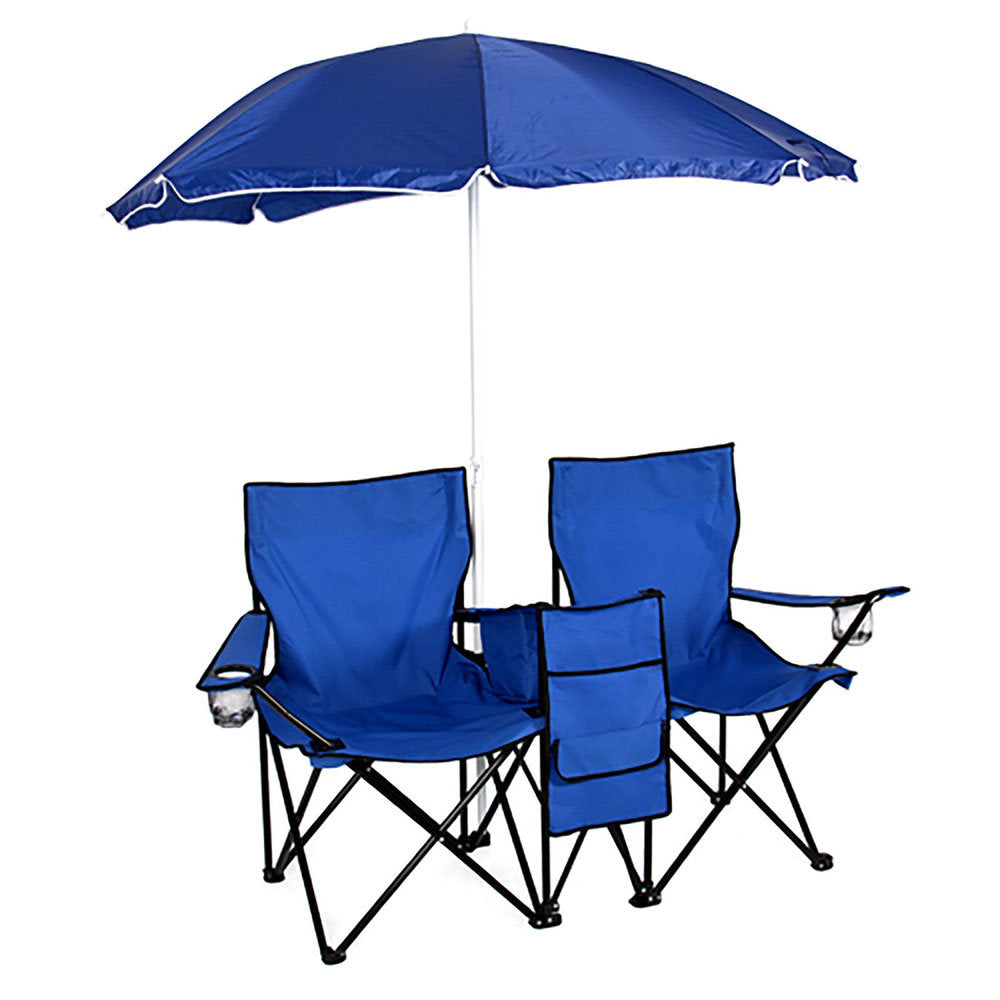 Camping Portable Outdoor 2-Seat Folding Chair with Removable Sun Umbrella Blue